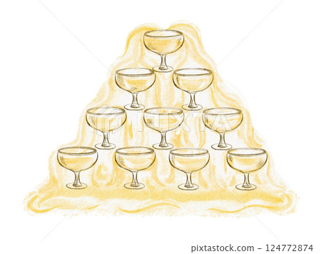Watercolor illustration of a champagne pyramid stack. Hand-drawn design for wedding or anniversary celebration invitations. Elegant artwork showcasing sparkling glasses and festive atmosphere. 124772874