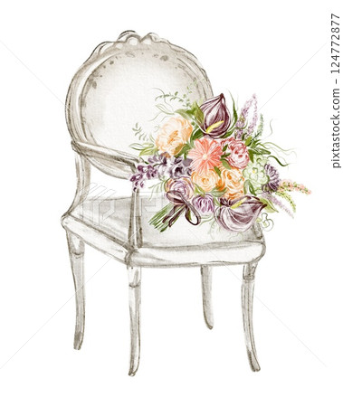 Watercolor illustration of a romantic bridal bouquet lying on a chair. Hand-drawn wedding florist arrangement for invitations for celebration decor. Elegant floral design in soft tones. Watercolor illustration of a romantic bridal bouquet lying on a chair. Hand-drawn wedding florist arrangement for invitations for celebration decor. Elegant floral design in soft tones. 124772877