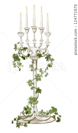 Watercolor illustration of an ornate candelabrum with with intertwining bindweed. Drawing of a vintage candle holder for interior design or antique decor. Art of luxurious lighting in gothic style. Watercolor illustration of an ornate candelabrum with with intertwining bindweed. Drawing of a vintage candle holder for interior design or antique decor. Art of luxurious lighting in gothic style. 124772878