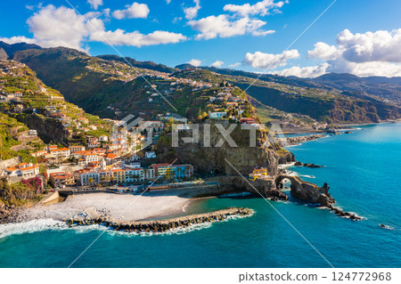 Panoramic view of the small village of Ponta do Sol, near Funchal. Madeira Island, Portugal 124772968