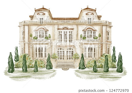 Watercolor illustration of an elegant luxury villa. A detailed sketch of a grand mansion, perfect for real estate marketing, property brochures. Sketch of an estate with opulent architecture. Watercolor illustration of an elegant luxury villa. A detailed sketch of a grand mansion, perfect for real estate marketing, property brochures. Sketch of an estate with opulent architecture. 124772970