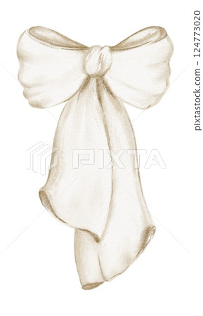 Bow with Ribbon watercolor illustration. Hand-drawn knot in beige for a charming anniversary greeting card. Elegant and decorative accessory artwork perfect for wedding or holiday celebration design. 124773020