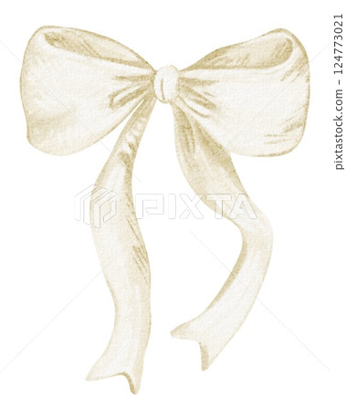 Bow with Ribbon watercolor illustration. Hand-drawn knot in beige for a charming anniversary greeting card. Elegant and decorative accessory artwork perfect for wedding or holiday celebration design. 124773021