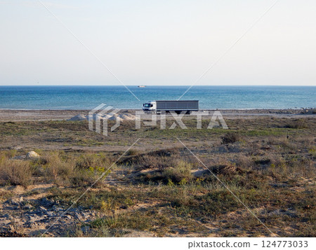 The truck is standing on the shore. 124773033