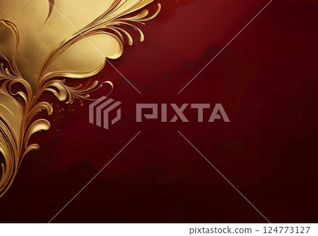 深紅色背景的金漆：植物圖案 124773127