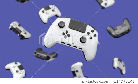 Realistic video game joysticks or gamepads rotating and falling on violet 124773145