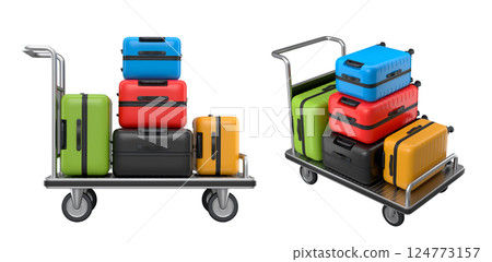 Set of Regular suitcase on hotel trolley cart for carrying baggage on white background 124773157
