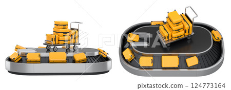 Set of Airport luggage conveyor belt or baggage claim area with suitcases on white. 124773164