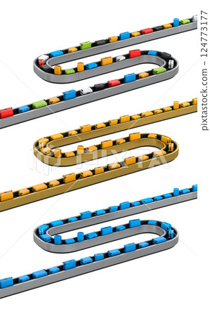 Set of Airport luggage conveyor belt or baggage claim area with suitcases on white. 124773177