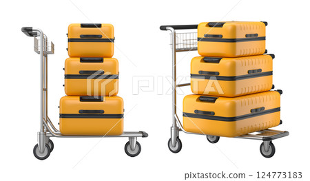 Set of Regular suitcase on hotel trolley cart for carrying baggage on white background Set of Regular suitcase on hotel trolley cart for carrying baggage on white background 124773183