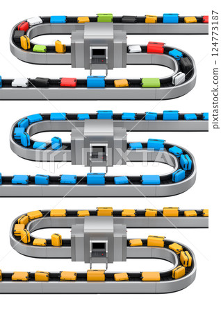 Set of Airport luggage conveyor belt or baggage claim area with suitcases on white. 124773187