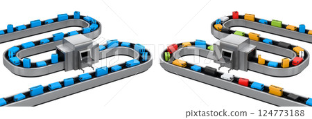 Set of Airport luggage conveyor belt or baggage claim area with suitcases on white. Set of Airport luggage conveyor belt or baggage claim area with suitcases on white. 124773188