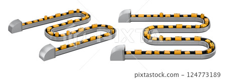Set of Airport luggage conveyor belt or baggage claim area with suitcases on white. 124773189
