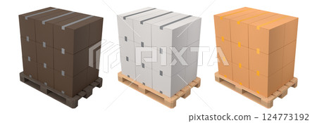 Set of wooden pallet for warehouse cargo storage with cardboard boxes on white Set of wooden pallet for warehouse cargo storage with cardboard boxes on white 124773192