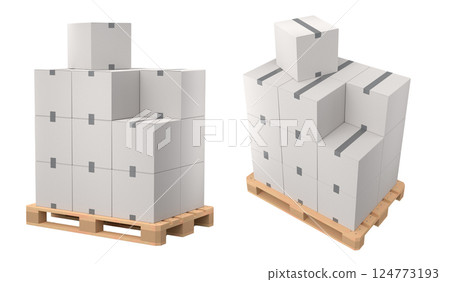 Set of wooden pallet for warehouse cargo storage with cardboard boxes on white 124773193