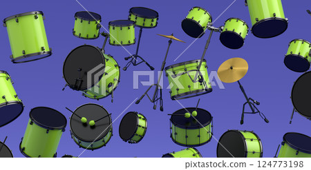 Many of flying drums with metal cymbals or drumset on violet background 124773198