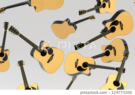 Many of flying acoustic guitars isolated on white background. 124773200