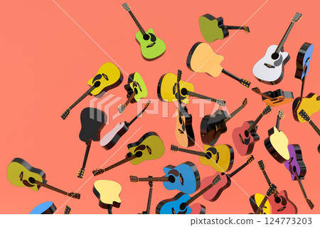 Many of flying acoustic guitars isolated on yellow background. Many of flying acoustic guitars isolated on yellow background. 124773203