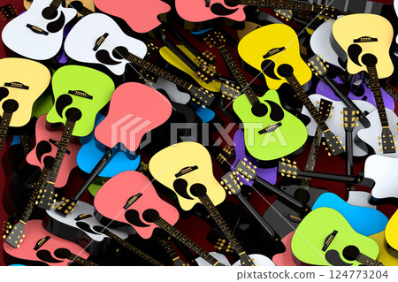 Heap of flying acoustic guitars isolated on white background. 124773204