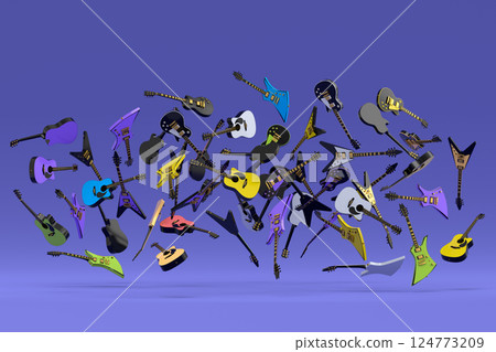 Many of flying electric guitars isolated on violet background. 124773209