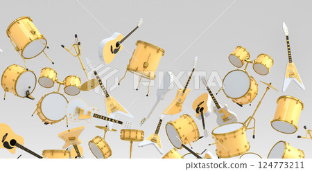Many of flying acoustic guitars, drums with metal cymbals or drumset on white 124773211