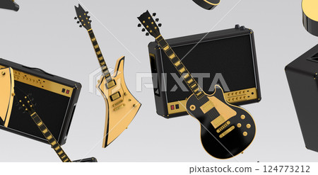 Many of flying acoustic guitars, drums, cymbal or drumset and amplifier on white 124773212