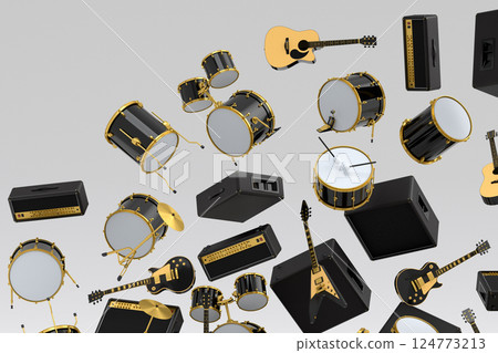 Many of flying acoustic guitars, drums, cymbal or drumset and amplifier on white 124773213