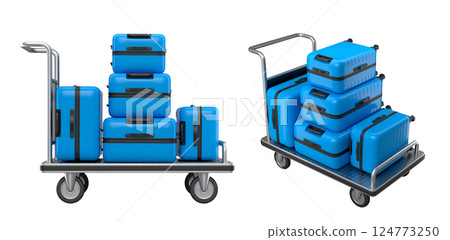Set of Regular suitcase on hotel trolley cart for carrying baggage on white background 124773250