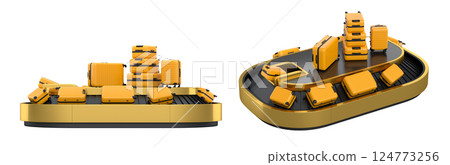 Set of Airport luggage conveyor belt or baggage claim area with suitcases on white. 124773256