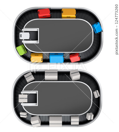 Set of Airport luggage conveyor belt or baggage claim area with suitcases on white. 124773260