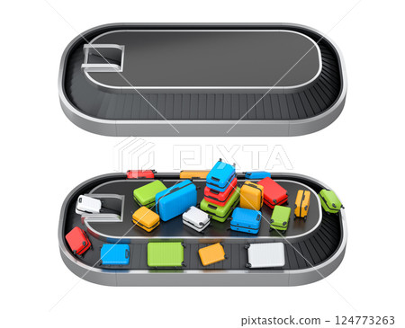 Set of Airport luggage conveyor belt or baggage claim area with suitcases on white. 124773263