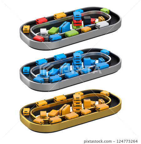 Set of Airport luggage conveyor belt or baggage claim area with suitcases on white. Set of Airport luggage conveyor belt or baggage claim area with suitcases on white. 124773264