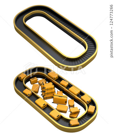 Set of Airport luggage conveyor belt or baggage claim area with suitcases on white. Set of Airport luggage conveyor belt or baggage claim area with suitcases on white. 124773266