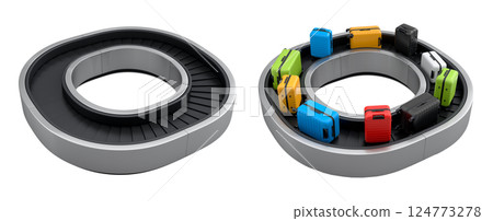 Set of Airport luggage conveyor belt or baggage claim area with suitcases on white. Set of Airport luggage conveyor belt or baggage claim area with suitcases on white. 124773278