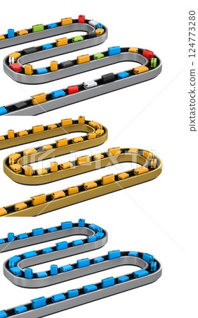 Set of Airport luggage conveyor belt or baggage claim area with suitcases on white. 124773280