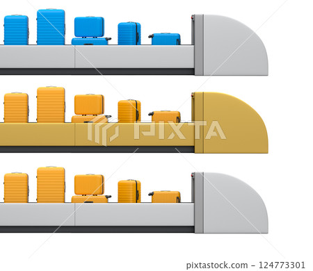 Set of Airport luggage conveyor belt or baggage claim area with suitcases on white. 124773301