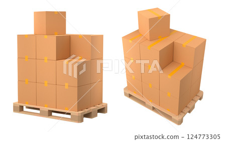 Set of wooden pallet for warehouse cargo storage with cardboard boxes on white Set of wooden pallet for warehouse cargo storage with cardboard boxes on white 124773305