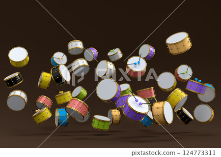 Many of flying drums or drumset on dark background 124773311