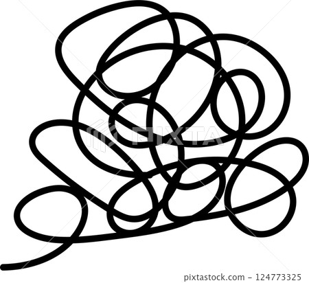 Illustration of messy, tangled lines. Icons representing frustration, stress, depression, and worries. 124773325