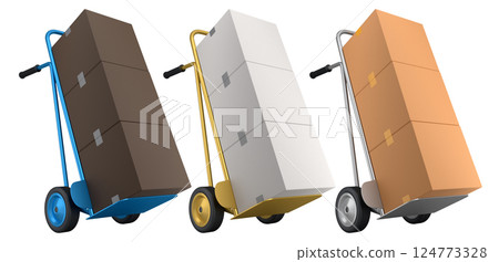 Set of Airport luggage cart or baggage trolley side with cardboard boxes or cartons Set of Airport luggage cart or baggage trolley side with cardboard boxes or cartons 124773328