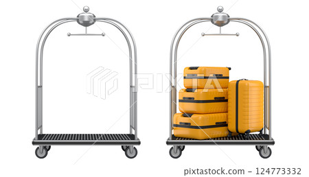 Set of Regular suitcase on hotel trolley cart for carrying baggage on white background 124773332