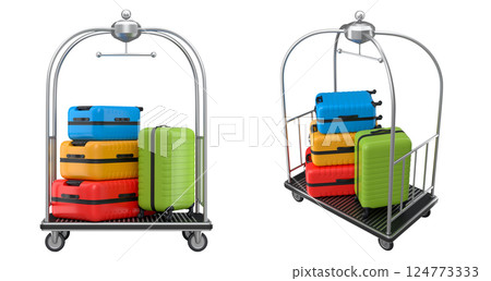 Set of Regular suitcase on hotel trolley cart for carrying baggage on white background 124773333