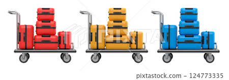 Set of Regular suitcase on hotel trolley cart for carrying baggage on white background Set of Regular suitcase on hotel trolley cart for carrying baggage on white background 124773335