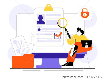 Criminal Checks Illustration Featuring Background Check for Recruitment, Criminal Record or Drug Test with Magnifier Inspecting Candidate Document 124773412
