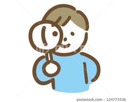 一位穿著休閒服的年輕男子透過放大鏡觀察（上半身） 124773536