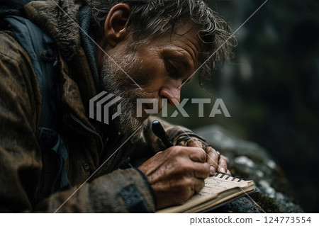 Cropped photo of a man takes notes in a paper notebook while hiking. A moment of inspiration strikes as the man writes in his paper notebook, surrounded by the serenity of the hiking path. 124773554