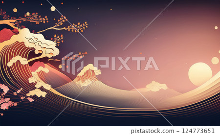 春日的月夜與海浪的日式圖形 124773651