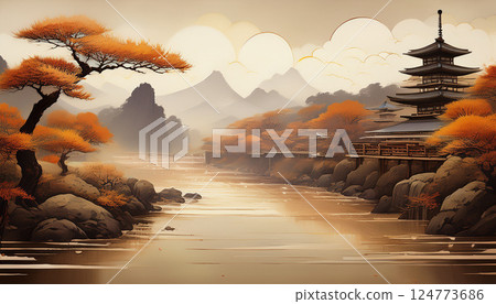 山谷中的五重塔與秋葉 124773686