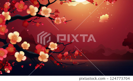 黃昏時分盛開的紅梅枝頭 124773704
