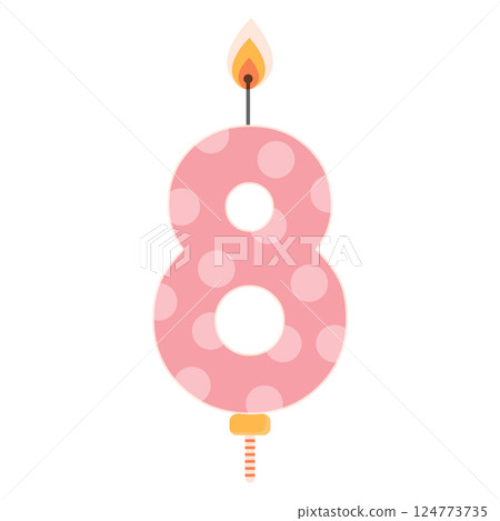 Pink number 8 birthday cake candle with flame light. Eight year old celebration design. Flat celebration item isolated on white. Pink number 8 birthday cake candle with flame light. Eight year old celebration design. Flat celebration item isolated on white. 124773735